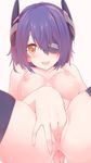 anus blush breasts censored eyepatch fingering headgear highres kantai_collection masturbation medium_breasts mosaic_censoring nipples nude open_mouth purple_hair pussy short_hair smile solo sora_to_umi spread_anus spread_legs sweat tenryuu_(kantai_collection) yellow_eyes 