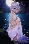  armband ass back blue_eyes covering covering_breasts from_side heterochromia highres iri_flina juri_(jr20504) lips moon night night_sky nude ocean outdoors red_eyes short_hair silver_hair sky smile solo sword_girls wading water wet 