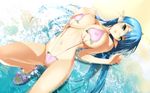  blue_hair breasts covered_nipples fangs green_eyes heart hima horn huge_breasts long_hair momotarou_densetsu navel open_mouth pointy_ears sandals slingshot_swimsuit solo swimsuit very_long_hair water yasha 