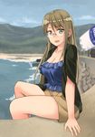  akemiho_tabi_nikki bad_id bad_pixiv_id bottle breasts brown_eyes brown_hair cleavage glasses highres kouno_hikaru large_breasts long_hair oribe_shiori scenery shorts solo water_bottle 