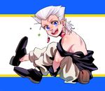  age_regression anz blue_eyes buck_teeth child earrings freckles grey_hair jean_pierre_polnareff jewelry jojo_no_kimyou_na_bouken male_focus oversized_clothes solo younger 