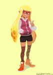  bike_shorts blonde_hair colo_(nagrolaz) dark_skin domino_mask fangs full_body hand_in_pocket heart heart_print highres inkling jacket letterman_jacket long_hair looking_at_viewer mask over-kneehighs pink_eyes pointy_ears print_legwear shoes smile sneakers solo splatoon_(series) splatoon_1 tentacle_hair thighhighs v yellow_background 