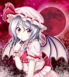  ascot bat_wings blouse blush brooch finger_to_mouth highres jewelry looking_at_viewer moon pointing pointing_at_self red_eyes red_moon reimei_(r758120518) remilia_scarlet sash short_hair silver_hair skirt skirt_set smile solo touhou wings wrist_cuffs 