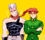  anz blue_eyes closed_eyes earrings gakuran grey_hair jean_pierre_polnareff jewelry jojo_no_kimyou_na_bouken kakyouin_noriaki male_focus multiple_boys prehensile_hair red_hair school_uniform 