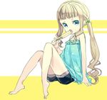  bare_shoulders barefoot blue_eyes brown_hair dress elle_mel_martha food hair_ornament ice_cream icecream long_hair open_mouth ponytail shorts solo striped_background tales_of_(series) tales_of_xillia_2 