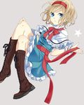  alice_margatroid ascot blonde_hair blue_eyes boots capelet cross-laced_footwear hairband legs open_mouth sash short_hair solo star touhou tsuno_no_hito white_capelet 