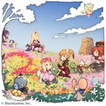  :&lt; ahoge blocker blonde_hair blue_sky character_request cloud cup day drill_hair fairy fairy_wings field flower flower_field grass horns little_noah long_hair multiple_girls no_nose noah_(little_noah) official_art outdoors red_hair sitting sky teacup tree wings yoshida_akihiko 