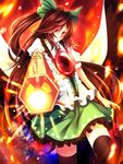  arm_cannon bird_wings bow brown_hair brown_legwear cape hair_bow ling_(vivianling) long_hair puffy_short_sleeves puffy_sleeves red_eyes reiuji_utsuho shirt short_sleeves skirt solo thighhighs third_eye touhou very_long_hair weapon wings zettai_ryouiki 