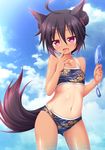  :d ahoge animal_ears bikini black_hair blush fang food highres mizunoe_kotaru navel one-piece_tan open_mouth popsicle purple_eyes short_hair smile solo swimsuit tail tan tanline 