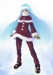  blue_hair boots capelet chestnut_mouth coat full_body fur_trim gloves highres johan_(johan13) kula_diamond long_hair pants red_eyes solo standing the_king_of_fighters winter_clothes winter_coat 