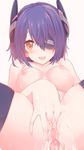  anus blush breasts censored eyepatch fingering headgear highres kantai_collection masturbation medium_breasts nipples nude open_mouth purple_hair pussy pussy_juice short_hair smile solo sora_to_umi spread_anus spread_legs sweat tenryuu_(kantai_collection) yellow_eyes 