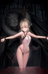  1girl artoria_pendragon_(all) bdsm bird blonde_hair bondage bound breasts caster_(fate/zero) cleavage covered_nipples crow crucifixion fate/zero fate_(series) fingernails green_eyes hair_ribbon highres horror_(theme) kneeling legs medium_breasts open_eyes outstretched_arms reflection ribbon saber smile spread_arms tsuki_suigetsu very_long_fingernails you_gonna_get_raped 