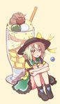  azuma_takeshi_(andon_kandelaar) blush bow food green_eyes hat hat_bow holding_legs ice_cream komeiji_koishi open_mouth sash solo third_eye touhou white_background 