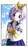  food highres hiiragi_tsukasa lucky_star popsicle purple_eyes purple_hair rindou_(awoshakushi) ryouou_school_uniform school_uniform serafuku short_hair solo yellow_neckwear 