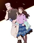  1girl anz black_hair blue_eyes brother_and_sister closed_eyes earrings grey_hair jean_pierre_polnareff jewelry jojo_no_kimyou_na_bouken pantyhose sherry_polnareff siblings skirt umbrella 