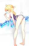  ass bad_id bad_pixiv_id barefoot bent_over blonde_hair blush cup denim denim_shorts eating food highres long_hair looking_at_viewer looking_back original panties panty_peek popsicle profile raind red_eyes short_shorts shorts solo underwear 