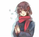  axis_powers_hetalia black_hair coat flower genderswap genderswap_(mtf) hair_flower hair_ornament japan_(hetalia) kozukue long_sleeves lowres open_mouth pink_eyes red_scarf scarf short_hair silhouette simple_background smile solo white_background winter_clothes 