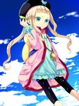  blue_eyes brown_hair cloud dress elle_mel_martha frills gradient gradient_background hair_ornament hat jacket long_hair necklace shorts sky solo tales_of_(series) tales_of_xillia_2 twintails 