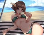  arm_support bangs beach beach_towel bikini black_eyes bottle breasts brown_hair chestnut_mouth clenched_hand cloud collarbone commentary_request day flipped_hair headgear hiei_(kantai_collection) hips holding horizon kantai_collection looking_at_viewer lying medium_breasts navel nksk ocean on_side outdoors parted_lips shade short_hair solo spill stomach strapless strapless_bikini strapless_swimsuit striped sunlight swimsuit towel underboob water water_bottle 