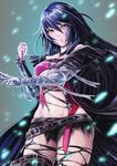  bandaged_arm bandages black_choker black_hair black_legwear black_skirt breasts choker cleavage cowboy_shot expressionless long_hair medium_breasts microskirt navel revealing_clothes skirt solo tales_of_(series) tales_of_berseria thighhighs torn_clothes torn_legwear velvet_crowe wa-kun yellow_eyes 