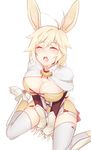  animal_ears antenna_hair blonde_hair blush breasts bunny_ears cleavage closed_eyes cum cum_on_body cum_on_breasts cum_on_upper_body facial highres large_breasts nachetanya_loei_piena_augustra open_mouth ricegnat rokka_no_yuusha simple_background sitting solo thighhighs wariza white_background 