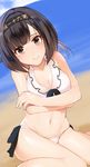  akizuki_(kantai_collection) beach bikini black_hair blush breast_rest breasts brown_eyes cleavage crossed_arms embarrassed hachimaki headband kantai_collection looking_at_viewer medium_breasts nanotaro navel ocean short_hair sitting solo swimsuit wariza wavy_mouth 