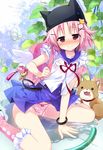  animal arm_support backpack bag bag_charm bangle bangs bear_hair_ornament blouse blue_skirt blush bow bow_panties bracelet charm_(object) dog fake_wings frilled_legwear gakkou_gurashi! hair_ornament hairclip hat hose jewelry looking_at_viewer nagayama_yuunon neck_ribbon nose_blush on_floor panties pennant pillow_hat pink_hair pink_legwear pink_panties plant pleated_skirt polka_dot polka_dot_panties red_eyes ribbon school_uniform short_hair short_sleeves sitting skirt smile socks solo takeya_yuki taroumaru_(gakkou_gurashi) tears tile_floor tiles underwear wariza water wet wet_clothes white_blouse winged_backpack wings x_hair_ornament 