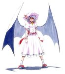  arms_at_sides bad_id bad_pixiv_id bat_wings blush bow clenched_hands dress full-face_blush full_body hair_between_eyes hat lavender_hair looking_at_viewer mob_cap pink_dress puffy_short_sleeves puffy_sleeves red_eyes remilia_scarlet shadow shiratama_(hockey) shoe_bow shoes short_hair short_sleeves smile socks solo touhou traditional_media white_background wings wrist_cuffs 