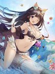  ;o animal_ears bikini black_bikini black_hair blush breasts cleavage flower frilled_bikini frills front-tie_top gloves goggles goggles_on_head granblue_fantasy hayama_eishi inflatable_dolphin inflatable_toy jessica_(granblue_fantasy) large_breasts long_hair looking_at_viewer navel one_eye_closed open_mouth solo swimsuit water white_gloves 