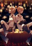 1girl back-to-back bad_id bad_pixiv_id blonde_hair blue_eyes brother_and_sister closed_eyes constellation crossed_arms detached_sleeves hair_ornament hair_ribbon hairclip headphones highres kagamine_len kagamine_rin lamp light lococo:p ribbon siblings sitting star vocaloid 