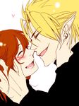  1girl anezaki_mamori blonde_hair brown_hair closed_eyes couple earrings eyeshield_21 happy hetero hiroshisuto_(9630kazumitu) hiruma_youichi jewelry pointy_ears short_hair sketch smile 