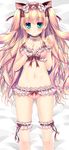  :o animal_ears ass_visible_through_thighs bell blonde_hair blue_eyes blush bra breasts cat_ears choker cleavage dakimakura eyebrows eyebrows_visible_through_hair frills hair_ribbon hairband highres jingle_bell leg_garter lolita_hairband long_hair lying mizuki_yuuma navel on_back original panties ribbon small_breasts solo two_side_up underwear underwear_only very_long_hair wrist_cuffs 