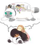  1boy 1girl aqua_eyes black_hair brown_hair cat coat collar dark_skin dress elle_mel_martha eyes_closed frills gaius_(tales) hair_ornament jacket long_hair lulu_(tales) open_mouth short_hair simple_background sleeping tales_of_(series) tales_of_xillia tales_of_xillia_2 twintails 