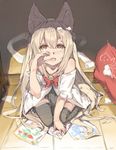  animal_ears bell blonde_hair bow brown_eyes drawing fang fox_ears fox_tail kneeling long_hair lyu original pillow solo tail thighhighs very_long_hair 