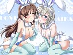  anastasia_(idolmaster) animal_ears blue_eyes breasts brown_eyes brown_hair bunny_ears bunny_girl bunnysuit cleavage idolmaster idolmaster_cinderella_girls large_breasts long_hair love_laika medium_breasts multiple_girls nitta_minami panties short_hair silver_hair smile thighhighs underwear yokoyama_naoki 