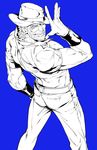  beard blue_background chaashuu facial_hair from_behind gloves hat jojo_no_kimyou_na_bouken joseph_joestar looking_back male_focus monochrome pants pose solo 