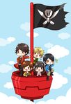  &gt;:) 3boys :d :o ahim_de_famille black_eyes black_hair blonde_hair blue_sky blush_stickers calling captain_marvelous chibi cloud day don_dogoier fang flag flying_sweatdrops hairband joe_gibken kaizoku_sentai_gokaiger long_sleeves looking_at_viewer luka_millfy multiple_boys multiple_girls open_mouth pirate_ship pole scared ship sitting sky smile super_sentai sweatdrop tomoko.a tooth triangle_mouth uniform v-shaped_eyebrows watercraft 