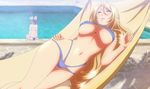  3girls ass bikini bikini_warriors blonde_hair breasts eyes_closed fighter_(bikini_warriors) highres large_breasts long_hair lying mage_(bikini_warriors) multiple_girls paladin_(bikini_warriors) red_hair sitting smile stitched summer swimming swimsuit underboob water 