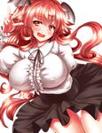  bad_anatomy blush breast_lift breasts commentary_request demon_girl demon_wings error head_wings highres juliet_sleeves koakuma large_breasts long_hair long_sleeves looking_at_viewer meme_attire open_mouth puffy_sleeves red_eyes red_hair shirt skirt solo thigh_gap touhou very_long_hair virgin_killer_outfit wings zan_(harukahime) 