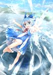  aiming_at_viewer barefoot bloomers blue_dress blue_eyes blue_hair blue_sky bow cirno cloud commentary day dress hair_bow highres ice ice_wings lake open_mouth puffy_short_sleeves puffy_sleeves scarlet_devil_mansion shirt short_sleeves sky smile solo spell touhou toutenkou underwear wings 