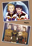  1girl 5boys artist_request blonde_hair blue_eyes brown_hair earth fingerless_gloves ford_romfellow gloves gundam gundam_side_story:_from_place_beyond_the_blaze gusta_piper huyman_caryle lilia_flaubert luce_kassel mallet_sanguine military_uniform moon multiple_boys pilot_suit planet space uniform white_hair 