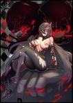  argyle argyle_background bangs bare_shoulders battleship_water_oni black black_dress black_hair blackmoon breasts bright_pupils crossed_bangs dress elbow_gloves gloves glowing glowing_eyes hair_between_eyes highres horn kantai_collection large_breasts long_hair looking_at_viewer nipples no_shoes pantyhose red_eyes shinkaisei-kan sitting solo torn_clothes torn_dress torn_legwear 