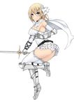  1girl armor ass blonde_hair blue_eyes breasts cape female hair_ornament large_breasts panties simple_background solo sword underwear usagi1942 warrior weapon white_panties 