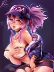  1girl akali ass big_breasts big_butt breasts breasts_grab cap glasses_girl happy jewelry k/da_(league_of_legends) k/da_akali large_breasts league_of_legends looking_at_viewer masturbation meganekko microphone necklace nice_body nipple see-through short_hair shy torn_clothes violet_eyes 