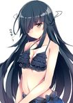  alternate_costume bangs bikini black_bikini black_hair blunt_bangs blush breasts brown_eyes cleavage collarbone commentary_request frilled_bikini frills hair_over_one_eye hair_ribbon halterneck haruyuki_(yukichasoba) hayashimo_(kantai_collection) kantai_collection long_hair looking_at_viewer medium_breasts navel ribbon sarong simple_background sketch solo swimsuit translated upper_body white_background 