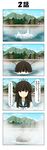  4koma antennae black_hair blue_sky building cloud comic day hair_ornament harbor hatsuyuki_(kantai_collection) highres kantai_collection long_hair looking_at_viewer mountain rappa_(rappaya) sky solo translated tree water 