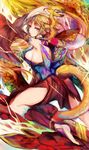  ahoge arm_up armlet bare_shoulders barefoot blonde_hair blue_eyes breasts detached_sleeves dragon_girl dragon_horns dragon_tail facial_mark forehead_mark highres horns kanna_(p&amp;d) kneeling large_breasts long_hair mi_bait pointy_ears puzzle_&amp;_dragons sideboob solo tail toeless_legwear 