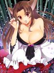  animal_ears bamboo bamboo_forest bare_shoulders breasts brooch brown_hair cleavage collarbone dress fang fingernails forest hayabusa_koi imaizumi_kagerou jewelry large_breasts long_hair long_sleeves looking_at_viewer nail_polish nature open_mouth red_eyes smile solo touhou wolf_ears 