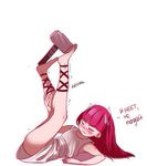  1girl barefoot blush feet foot_hold hammer magi_the_labyrinth_of_magic morgiana no_underwear red_hair secubu simple_background solo sweat thor 