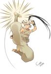  ankle_wrap antenna_hair axe_kick baggy_pants bandaged_arm bandages barefoot black_hair colo_(nagrolaz) flying_kick full_body high_kick high_ponytail highres ibuki_(street_fighter) kicking long_hair ninja pants ponytail sleeveless solo street_fighter toes 